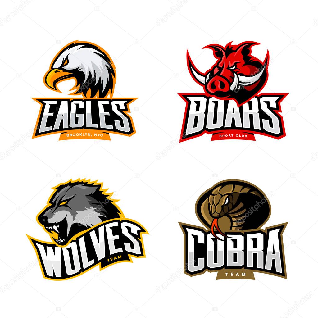 Furious cobra, wolf, eagle and boar sport vector logo concept set isolated on white background. Professional team pictogram design. Premium quality wild animal, bird and snake t-shirt tee print illustration