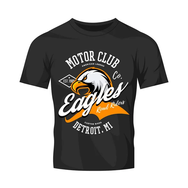 Vintage American furious eagle custom bike motor club tee print vector design isolated on black t-shirt mockup. — Stock Vector