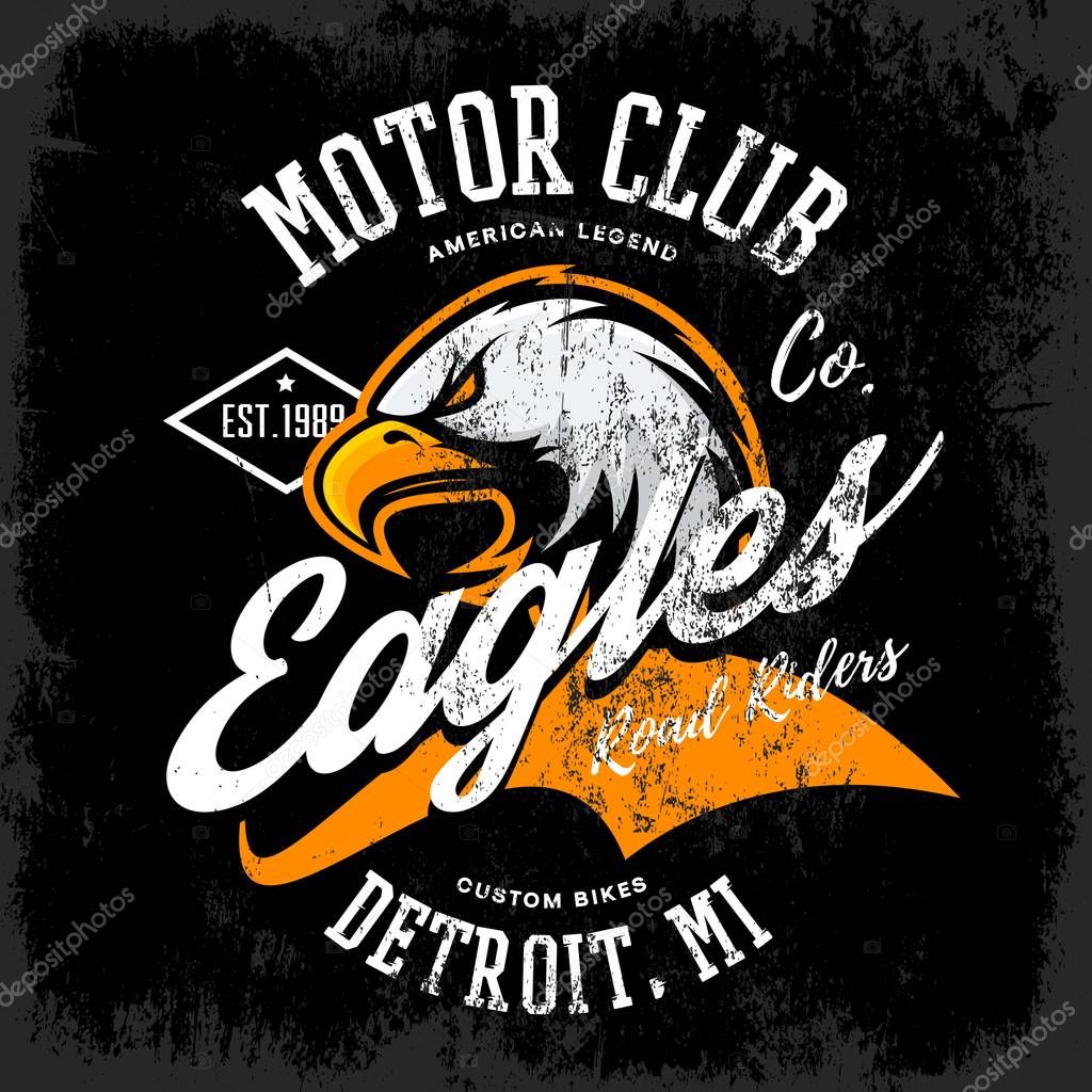 Vintage American furious eagle custom bike motor club tee print vector design isolated on dark background. Michigan, Detroit street wear t-shirt emblem. Premium quality wild bird superior logo concept illustration.