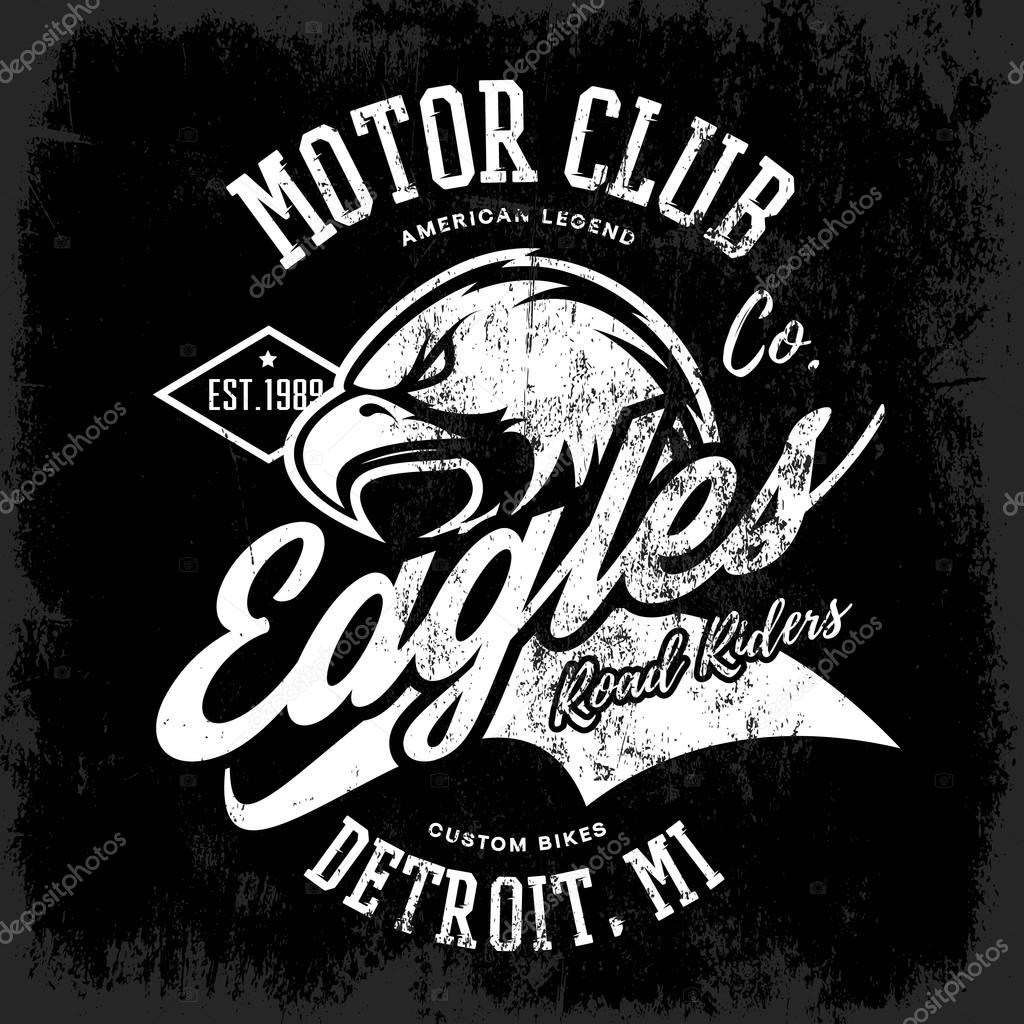 Vintage American furious eagle custom bike motor club tee print vector design isolated on dark background. Michigan, Detroit street wear t-shirt emblem. Premium quality wild bird superior logo concept illustration.