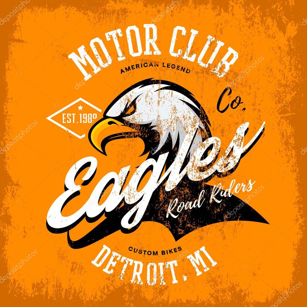 Vintage American furious eagle custom bike motor club tee print vector design isolated on orange background. Michigan, Detroit street wear t-shirt emblem. Premium quality wild bird superior logo concept illustration.
