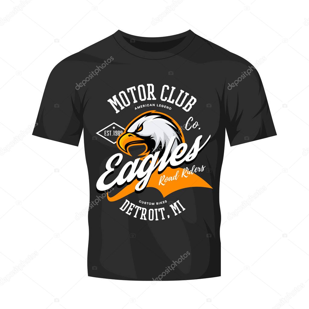 Vintage American furious eagle custom bike motor club tee print vector design isolated on black t-shirt mockup. Michigan, Detroit street wear t-shirt emblem. Premium quality wild bird superior logo concept illustration.
