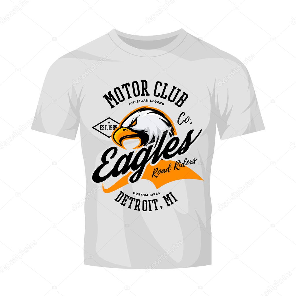 Vintage American furious eagle custom bike motor club tee print vector design isolated on white t-shirt mockup. Michigan, Detroit street wear t-shirt emblem. Premium quality wild bird superior logo concept illustration.