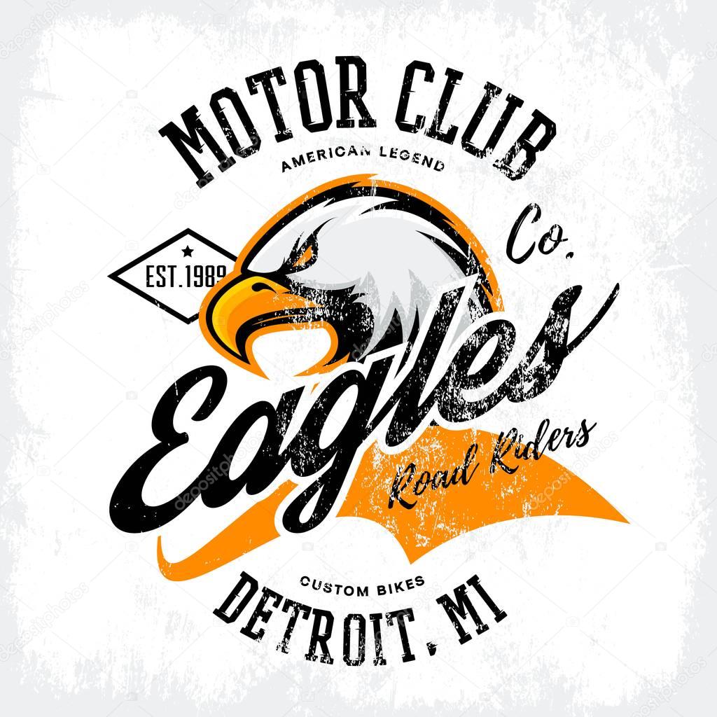 Vintage American furious eagle custom bike motor club tee print vector design isolated on white background. Michigan, Detroit street wear t-shirt emblem. Premium quality wild bird superior logo concept illustration.