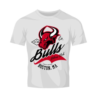 Beyaz t-shirt mockup izole vintage Amerikan öfkeli boğa bisikletçileri kulübü tee baskı vektör tasarımı.  