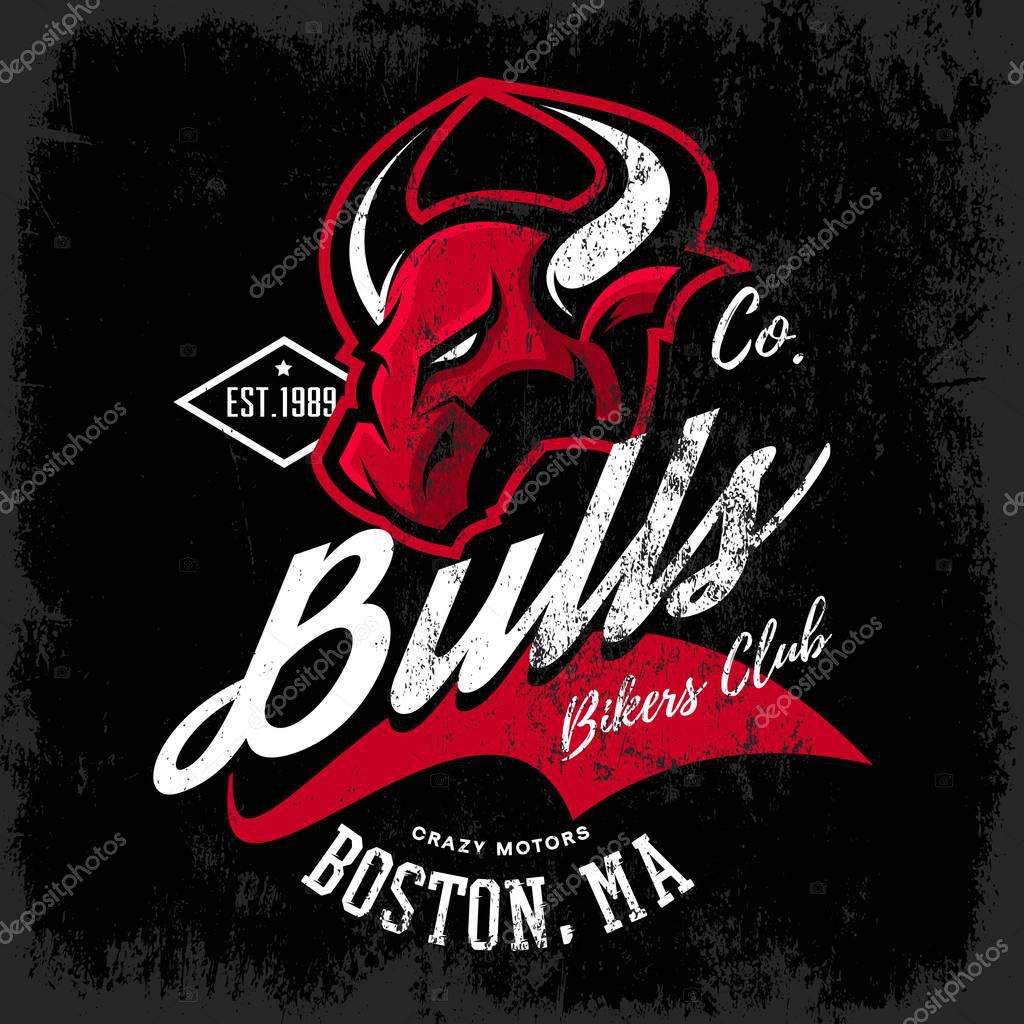 Vintage American furious bull bikers club tee print vector design isolated on dark background. Massachusetts, Boston street wear t-shirt emblem. Premium quality wild animal superior logo concept illustration.