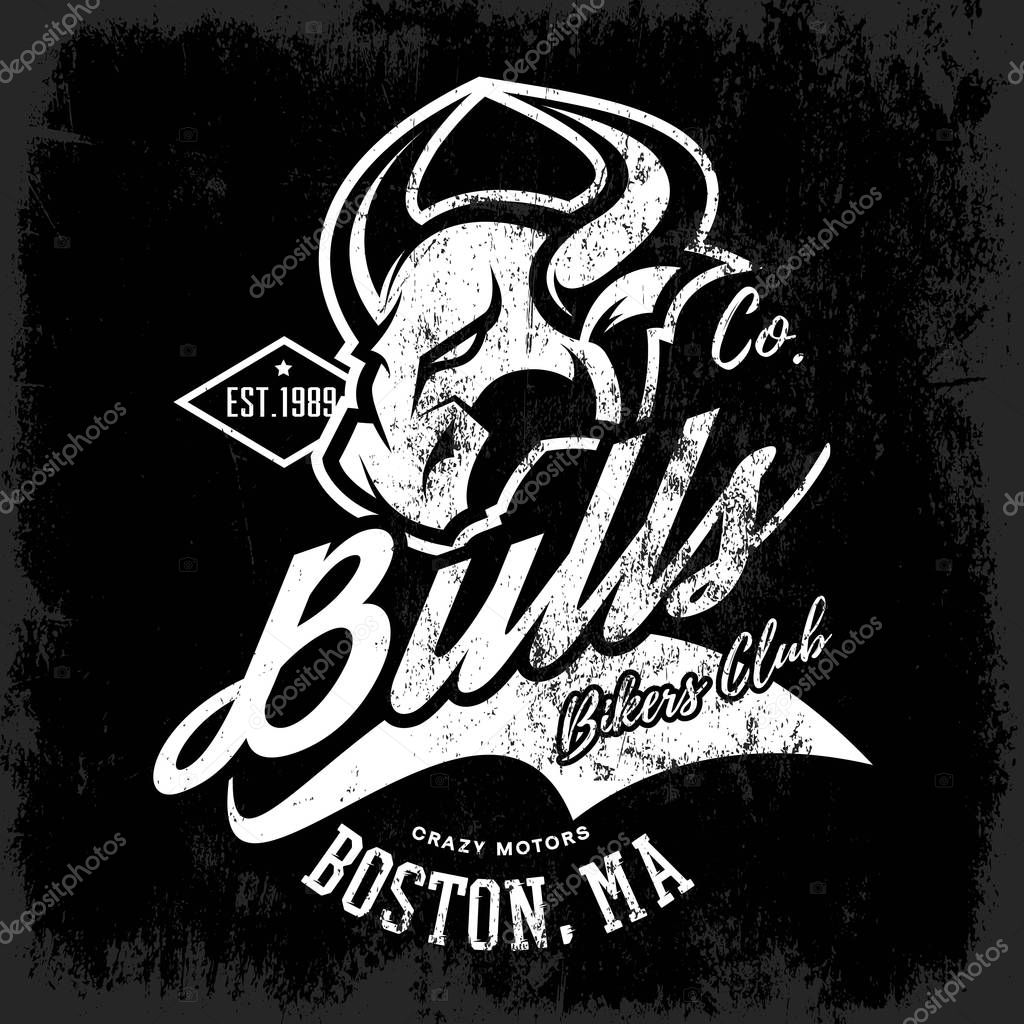Vintage American furious bull bikers club tee print vector design isolated on dark background. Massachusetts, Boston street wear t-shirt emblem. Premium quality wild animal superior logo concept illustration.