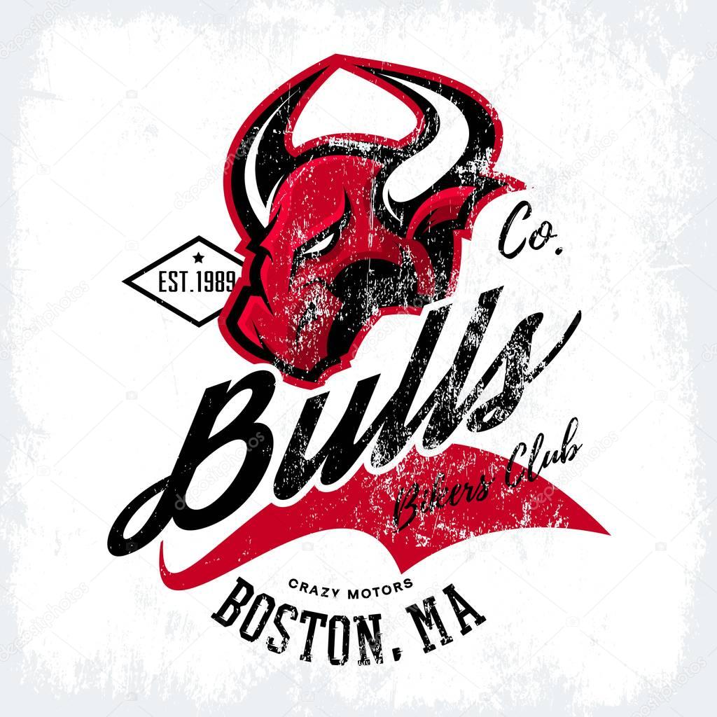 Vintage American furious bull bikers club tee print vector design isolated on white background. Massachusetts, Boston street wear t-shirt emblem. Premium quality wild animal superior logo concept illustration.