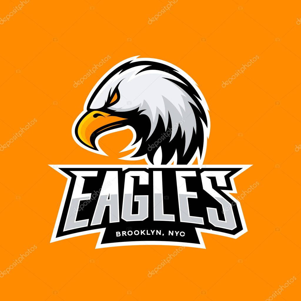 Furious eagle sport vector logo concept isolated on orange background. Professional New York Brooklyn team pictogram design.Premium quality wild bird t-shirt tee print illustration.