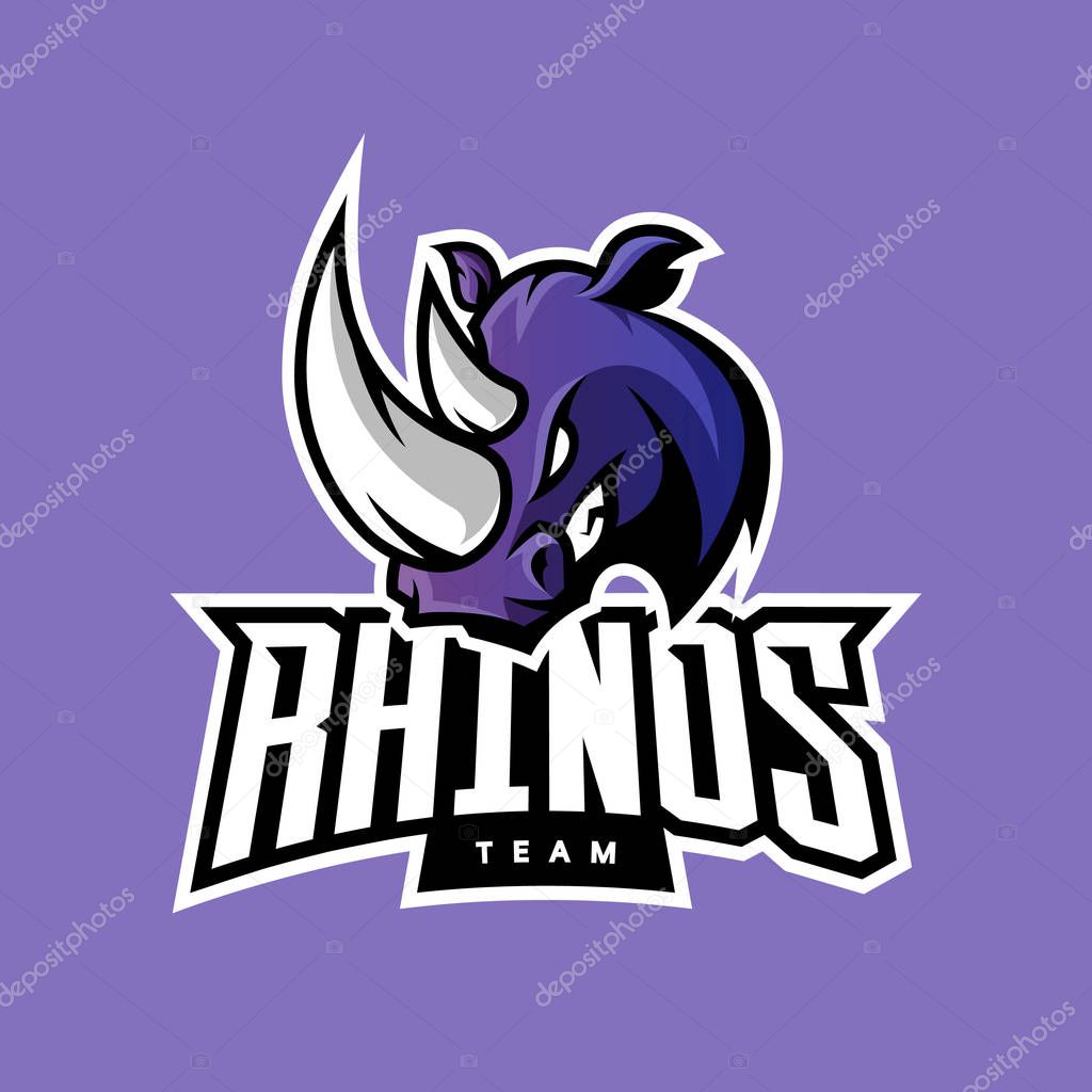 Furious rhino sport vector logo concept isolated on purple background. Professional team badge design.Premium quality wild animal t-shirt tee print illustration.