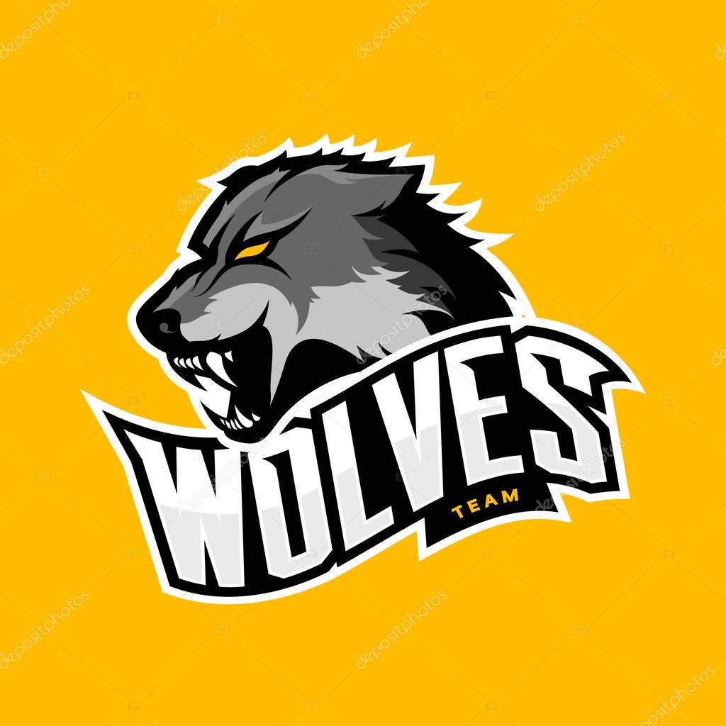 Furious wolf sport vector logo concept isolated on yellow background. Professional predator team badge design.Premium quality wild animal t-shirt tee print illustration.