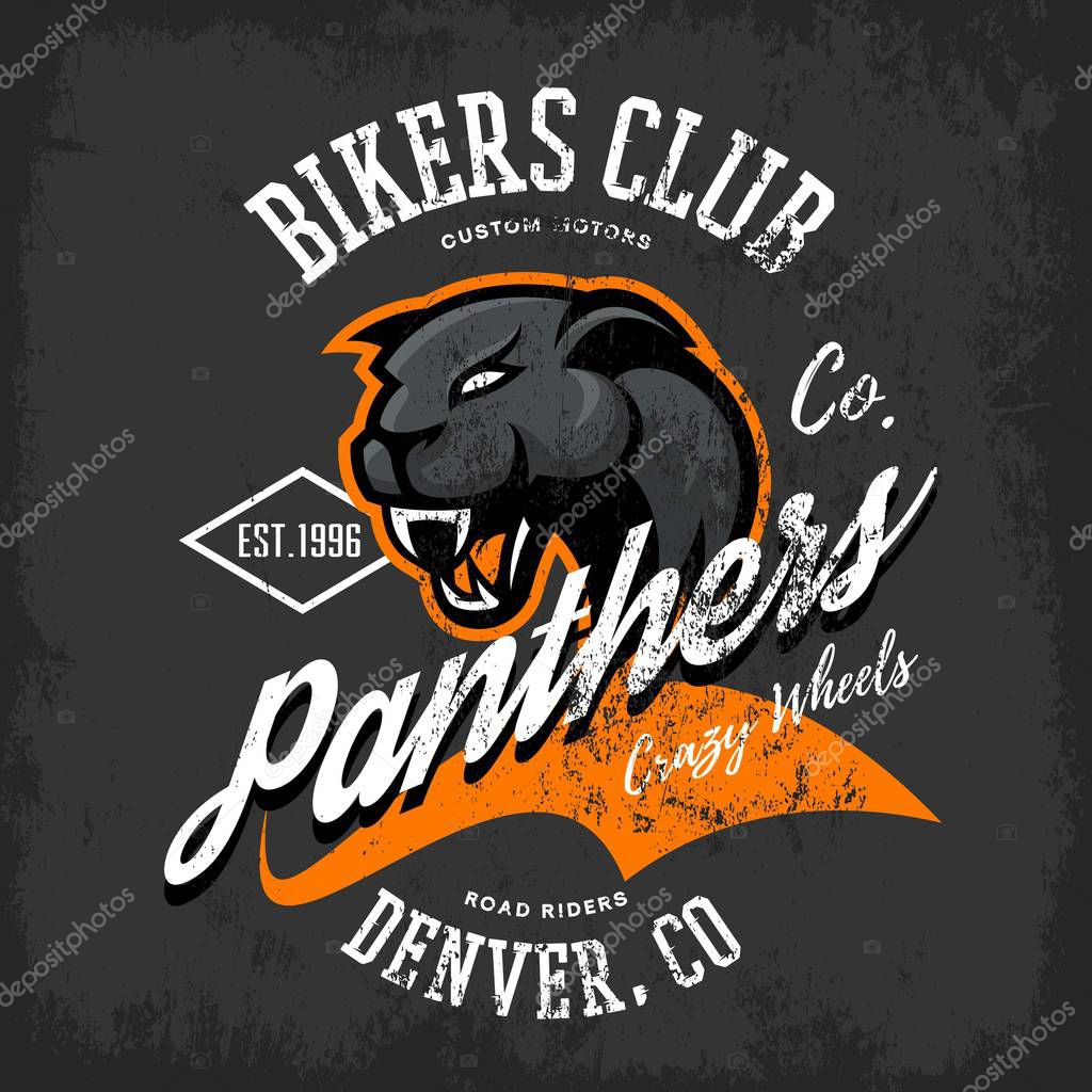 Vintage American furious panther bikers club tee print vector design isolated on dark background. Colorado, Denver street wear t-shirt emblem. Premium quality wild animal superior logo concept illustration.