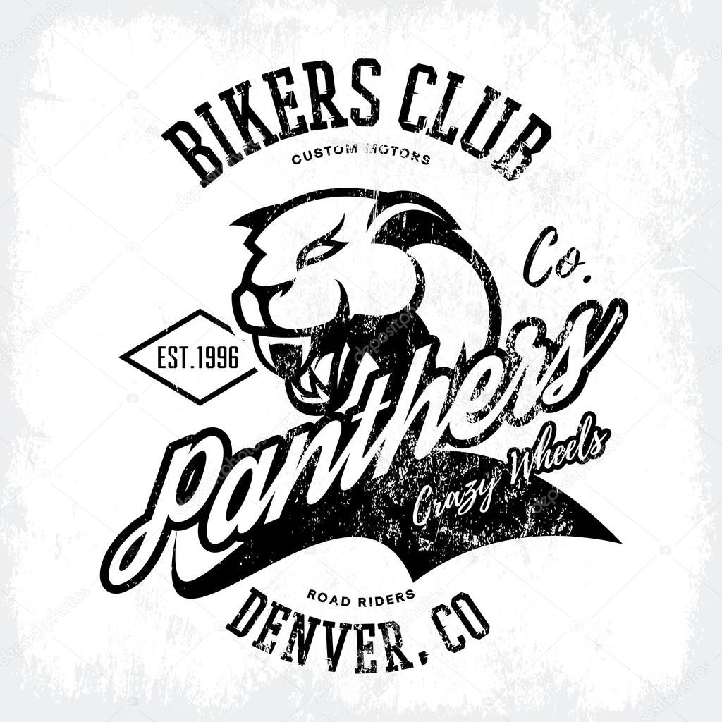 Vintage American furious panther bikers club tee print vector design isolated on white background. Colorado, Denver street wear t-shirt emblem. Premium quality wild animal superior logo concept illustration.