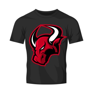 Siyah t-shirt mockup izole kırmızı öfkeli boğa spor vektör logo kavramı