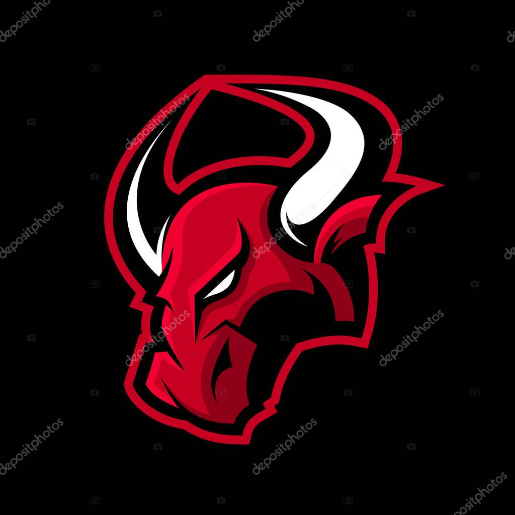 Furious bull sport vector logo concept isolated on dark background. Professional team badge design.Premium quality wild animal t-shirt tee print illustration.