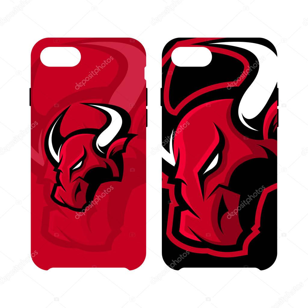 Red furious bull sport vector logo concept smart phone case isolated on white background. Professional team badge design.Premium quality wild animal artwork cell phone cover illustration.