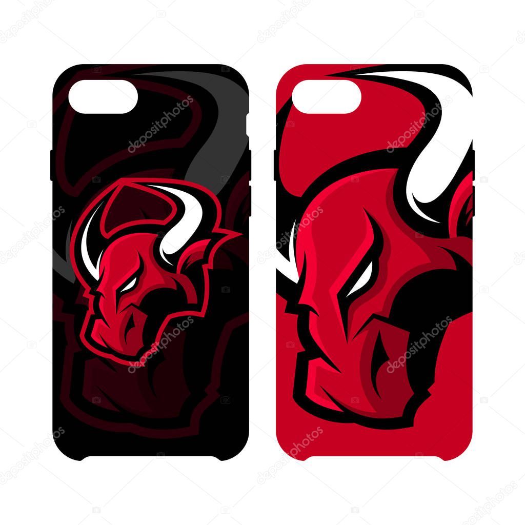 Red furious bull sport vector logo concept smart phone case isolated on white background. Professional team badge design.Premium quality wild animal artwork cell phone cover illustration