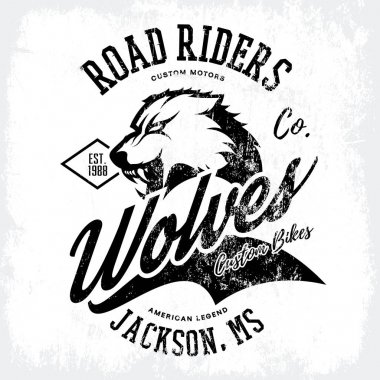 Beyaz arka plan üzerinde izole vintage Amerikan öfkeli wolf bisikletçileri kulübü tee baskı vektör tasarımı