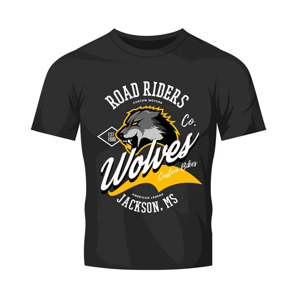 Vintage American furious wolf bikers club tee print vectoriel design isolé sur t-shirt noir mockup . — Image vectorielle