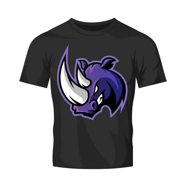 Furioso rinoceronte conceito logotipo esporte vetor isolado em preto t-shirt mockup . — Vetor de Stock