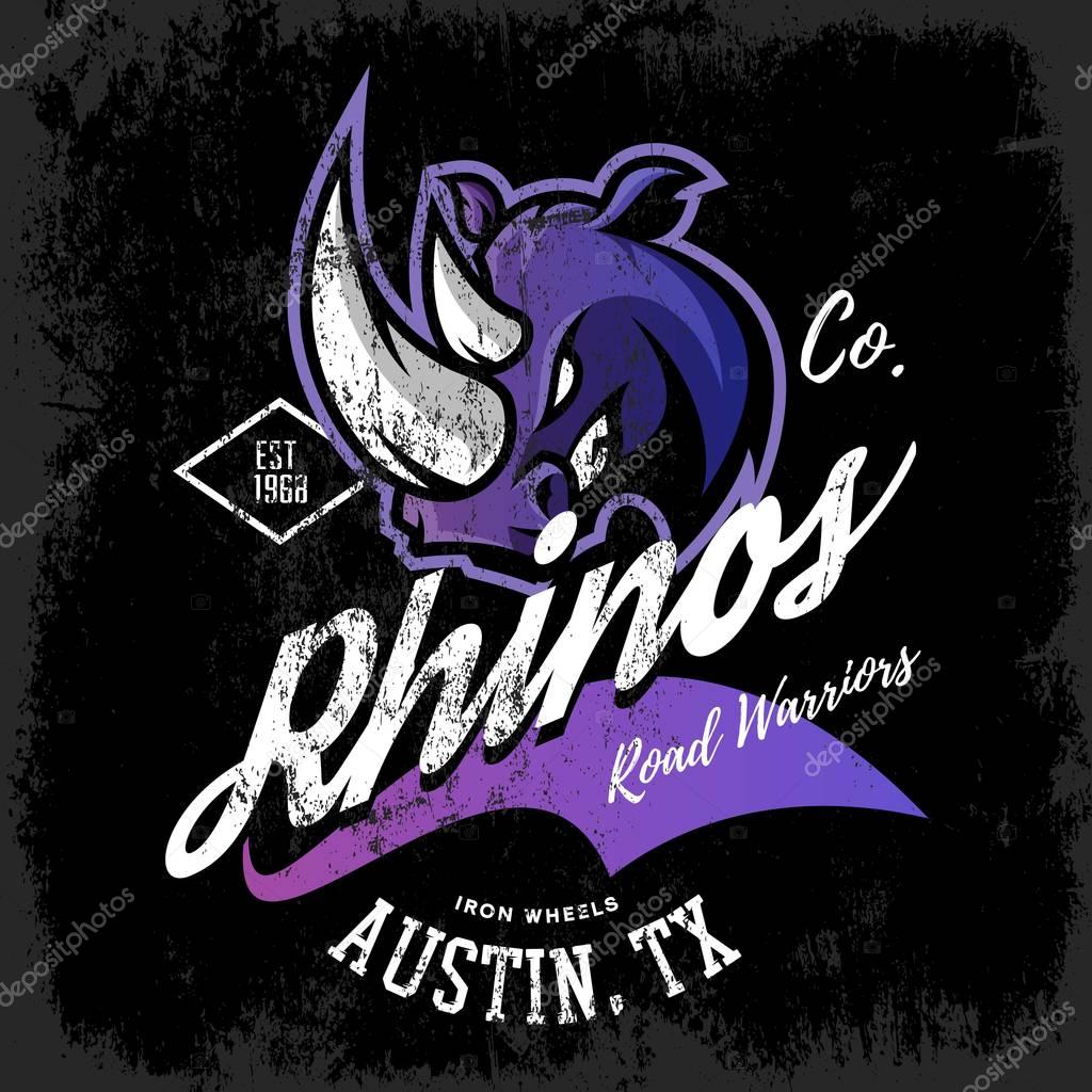 Vintage American rhino bikers club tee print vector design isolated on dark background. Texas, Austin street wear t-shirt emblem. Premium quality wild animal superior logo concept illustration.