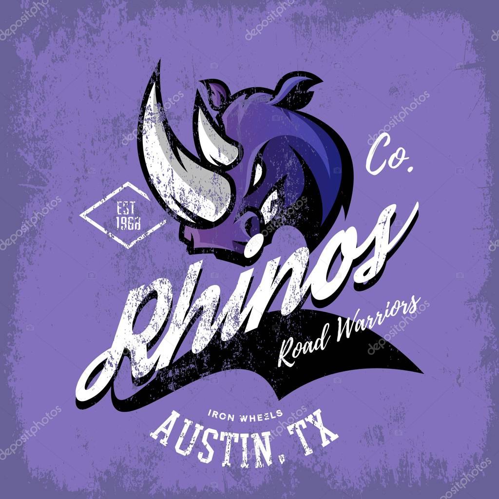 Vintage American rhino bikers club tee print vector design isolated on purple background. Texas, Austin street wear t-shirt emblem. Premium quality wild animal superior logo concept illustration.
