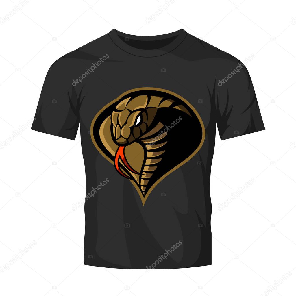Furious cobra sport vector logo concept isolated on black t-shirt mockup
