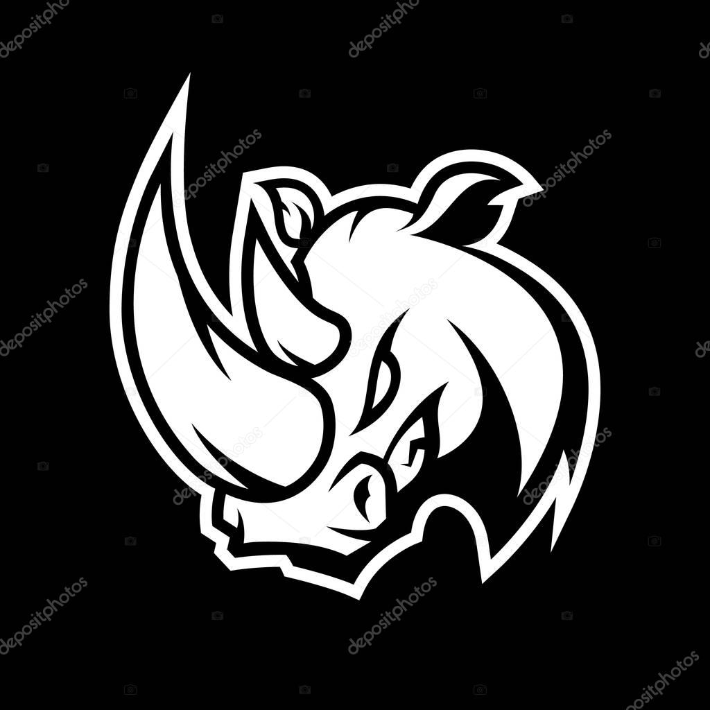 Furious rhino sport mono vector logo concept isolated on dark background. Professional team badge design.Premium quality wild animal t-shirt tee print illustration.