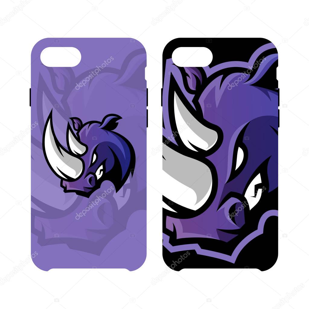 Furious rhino sport vector logo concept smart phone case isolated on white background. 