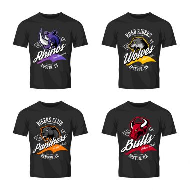 Vintage Amerikan öfkeli boğa, kurt, panter, gergedan bisikletçileri kulübü tee baskı vektör tasarımı siyah t-shirt mockup izole.