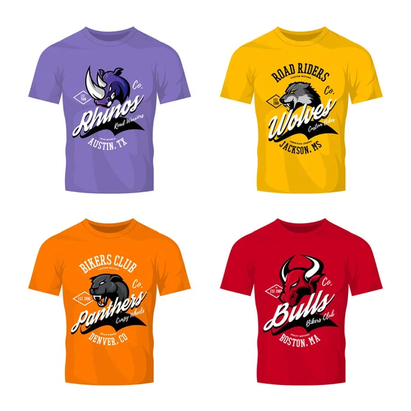 Vintage Amerikan öfkeli boğa, kurt, panter, renk tişört mockup üzerinde izole gergedan bisikletçileri kulübü tee baskı vektör tasarımı.
