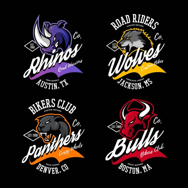 Vintage Amerikan öfkeli boğa, kurt, panter, gergedan bisikletçileri kulübü tee baskı vektör tasarımı. 