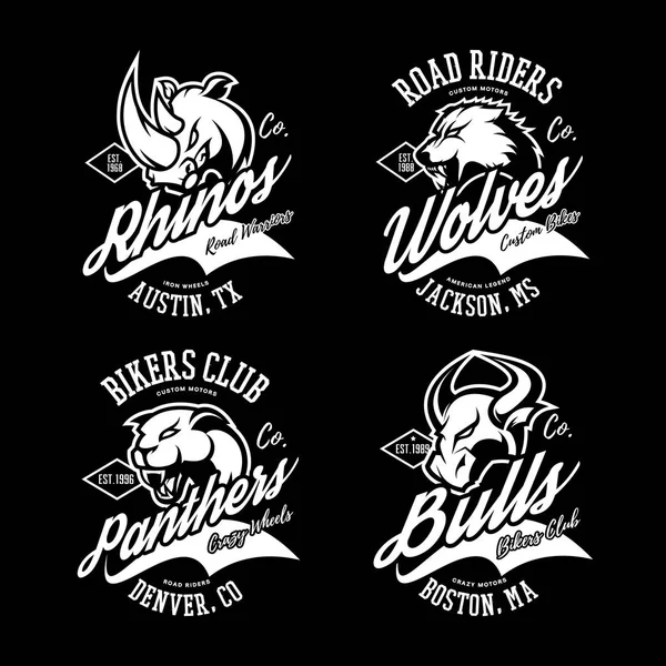 Vintage Amerikan öfkeli boğa, kurt, panter, gergedan bisikletçileri kulübü tee baskı vektör tasarımı