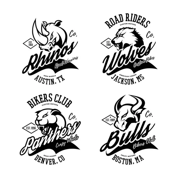 Vintage amerikai dühös bika, farkas, párduc, rhino motorosok club póló nyomtatás vector design. — Stock Vector