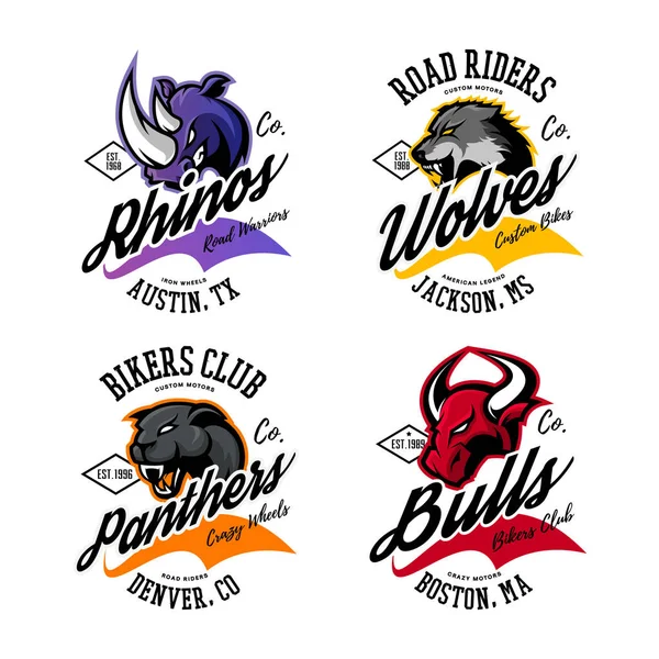 Vintage Amerikan öfkeli boğa, kurt, panter, gergedan bisikletçileri kulübü tee baskı vektör tasarımı