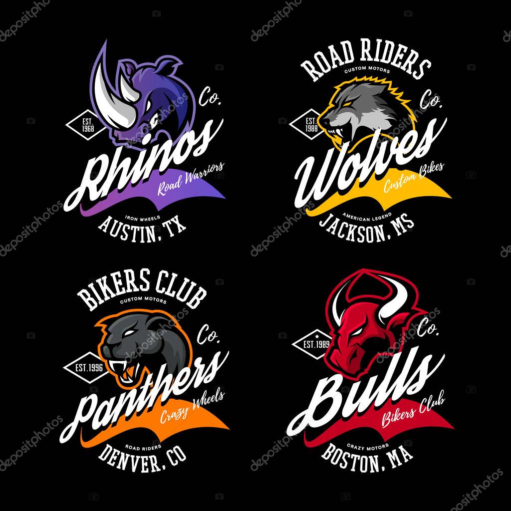 Vintage American furious bull, wolf, panther, rhino bikers club tee print vector design. Street wear t-shirt emblem. Premium quality wild animal superior logo concept illustration.