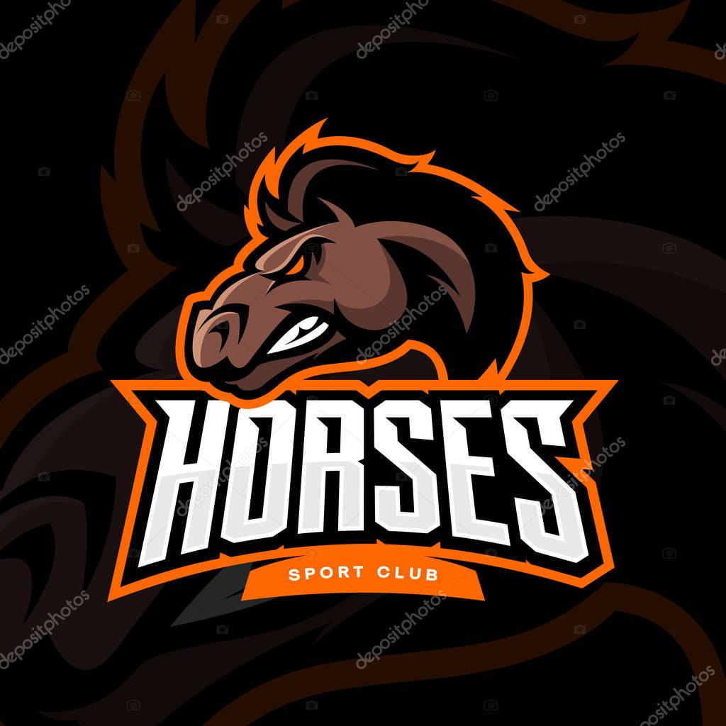 Furious horse sport club vector logo concept isolated on dark background. Professional team badge design.Premium quality wild stallion animal t-shirt tee print illustration.