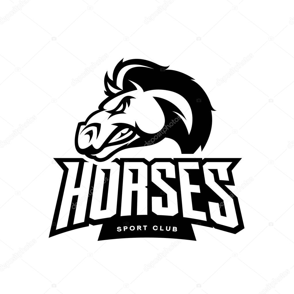 Furious horse mono sport club vector logo concept isolated on white background. Professional team badge design.Premium quality wild stallion animal t-shirt tee print illustration.
