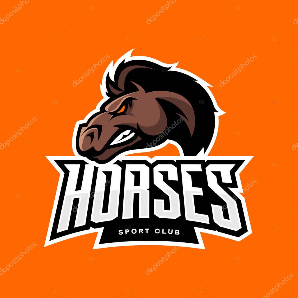 Furious horse sport club vector logo concept isolated on orange background. Professional team badge design.Premium quality wild stallion animal t-shirt tee print illustration.