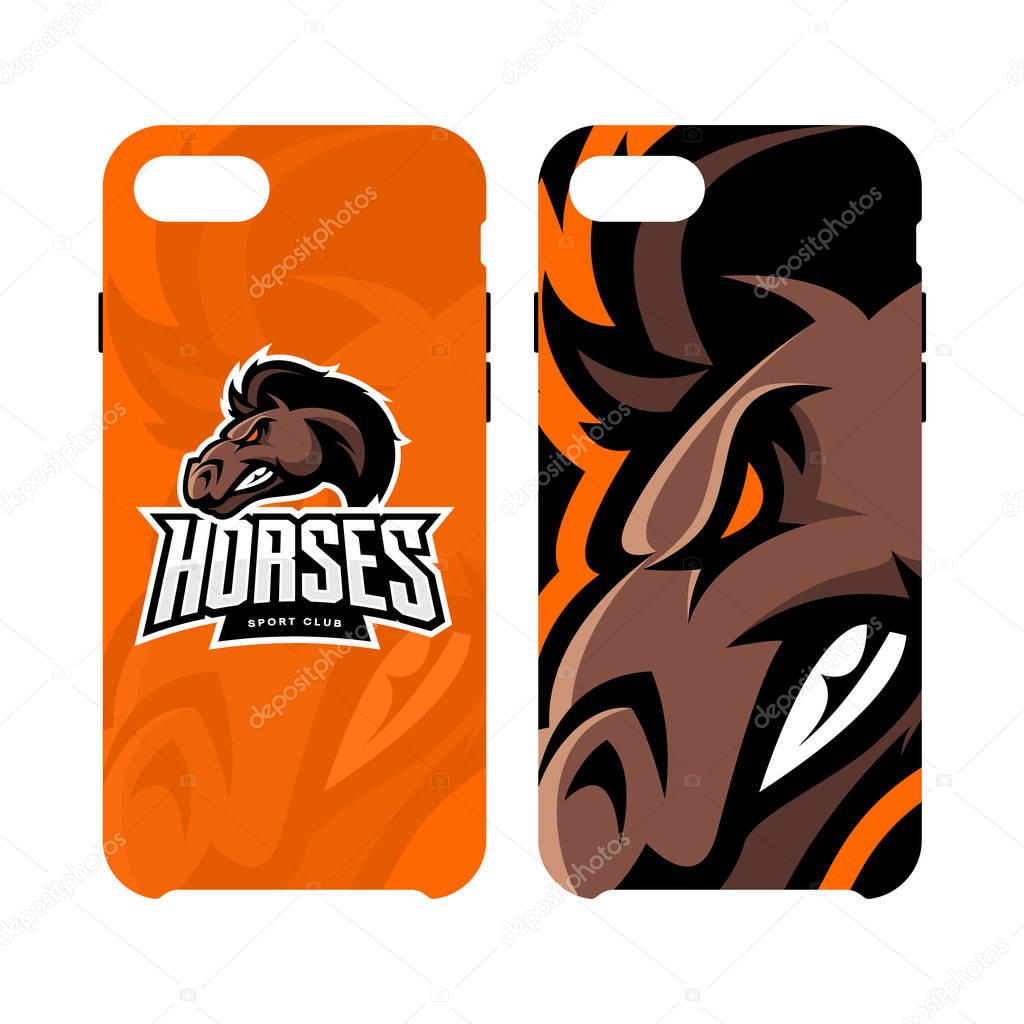 Furious horse sport club vector logo concept smart phone case isolated on white background. 