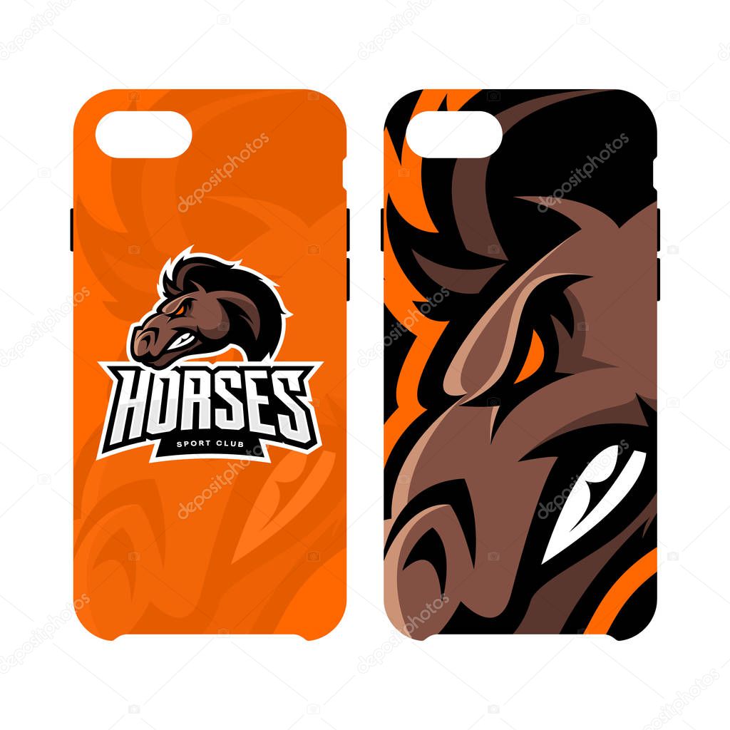 Furious horse sport club vector logo concept smart phone case isolated on white background. Modern professional team badge design.Premium quality wild stallion animal artwork cell phone cover illustration.