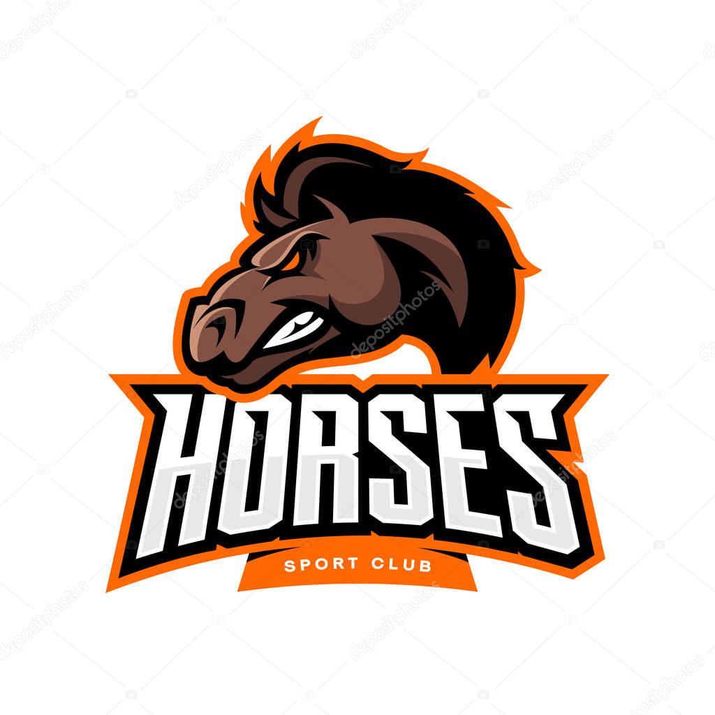 Furious horse sport club vector logo concept isolated on white background. Professional team badge design.Premium quality wild stallion animal t-shirt tee print illustration.