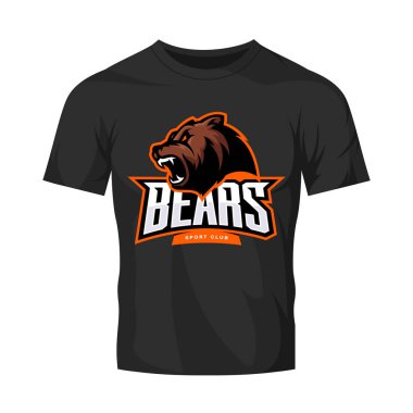 Öfkeli ayı spor vektör logo kavramı üzerinde siyah t-shirt mockup izole.
