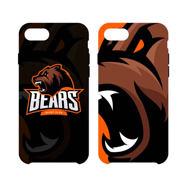 Furioso urso esporte vetor logotipo conceito inteligente telefone caso isolado no fundo branco . —  Vetores de Stock