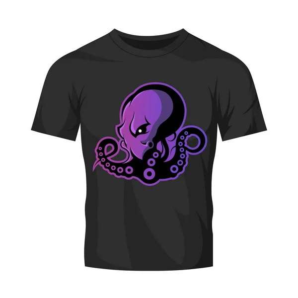 Furious octopus sport vector logo concept isolated on black t-shirt mockup. — Stock Vector