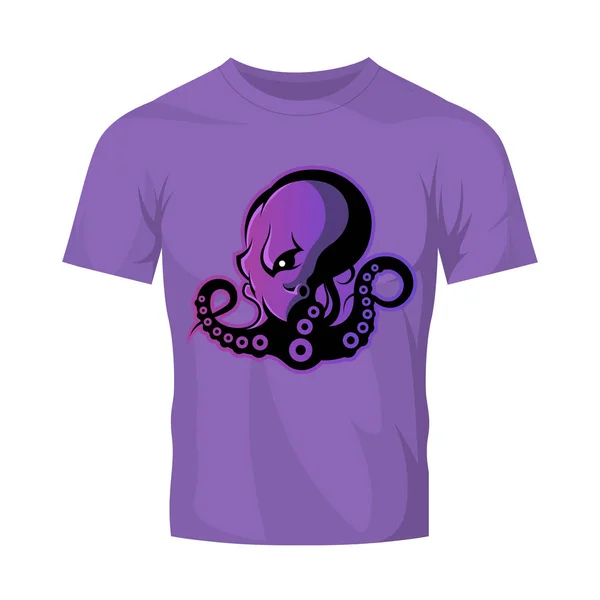 Furieux concept de logo vectoriel sport poulpe isolé sur la maquette de t-shirt violet — Image vectorielle