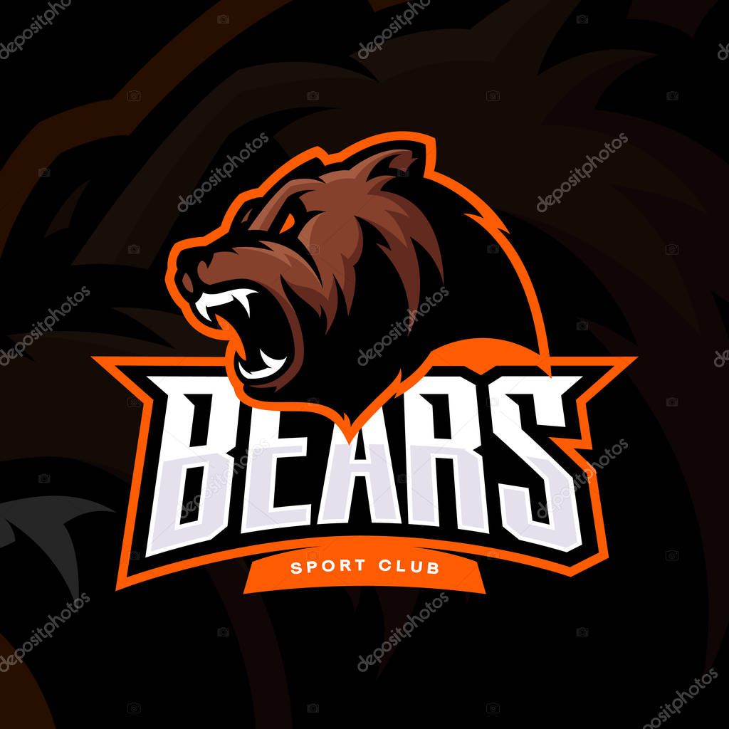 Furious bear sport vector logo concept isolated on dark background. Modern predator professional team badge design.Premium quality wild animal t-shirt tee print illustration.