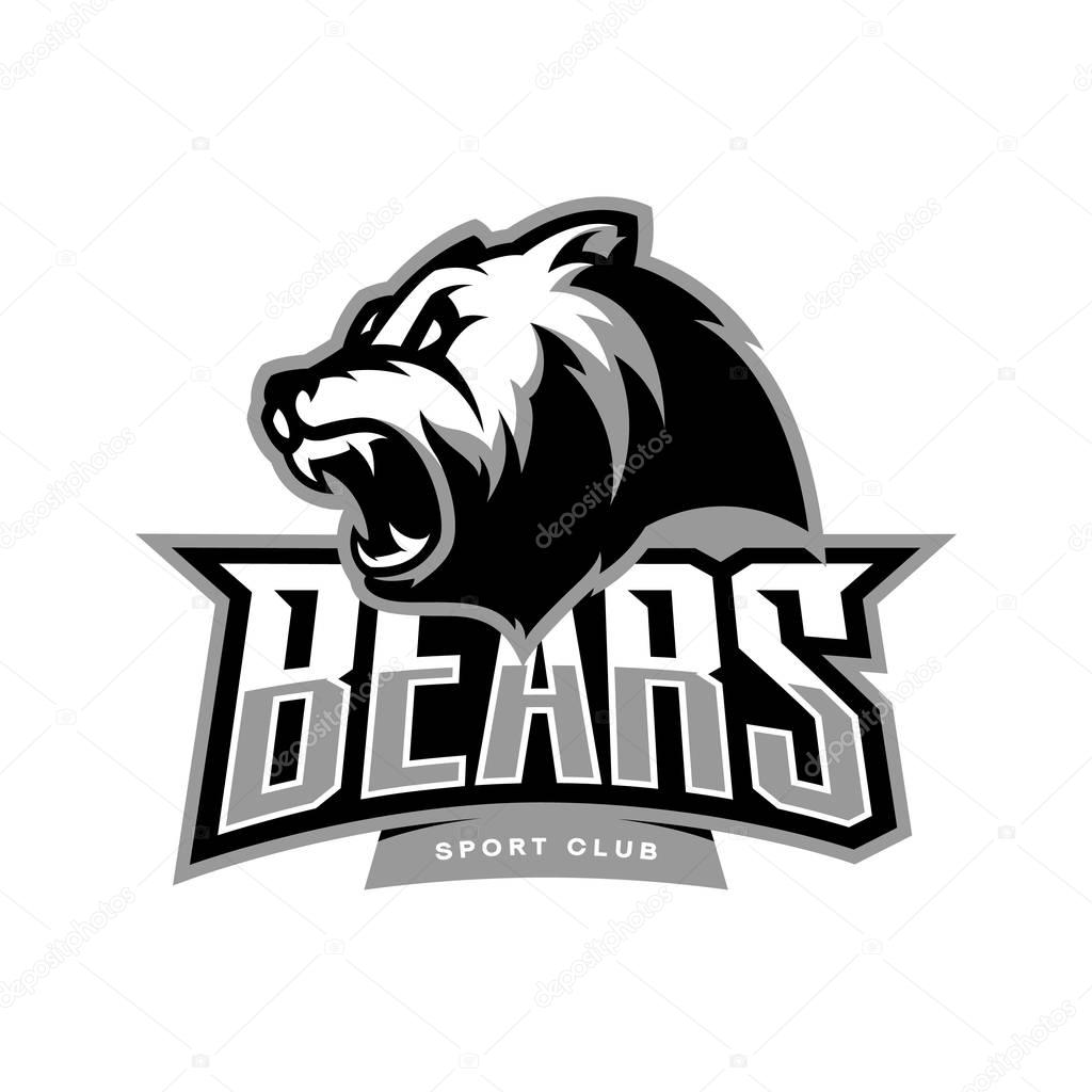 Furious bear sport vector logo concept isolated on white background. Modern predator professional team badge design.Premium quality wild animal t-shirt tee print illustration.