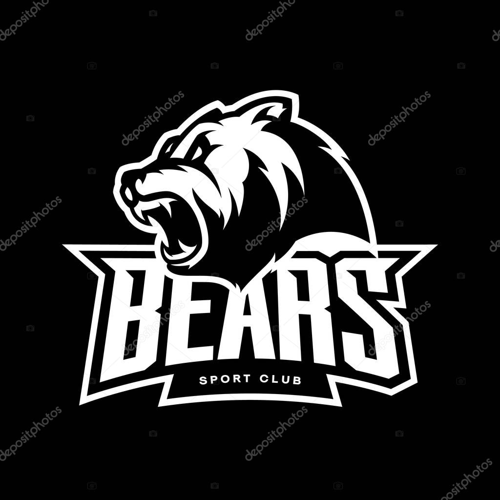 Furious bear sport vector logo concept isolated on dark background. Modern predator professional team badge design.Premium quality wild animal t-shirt tee print illustration.