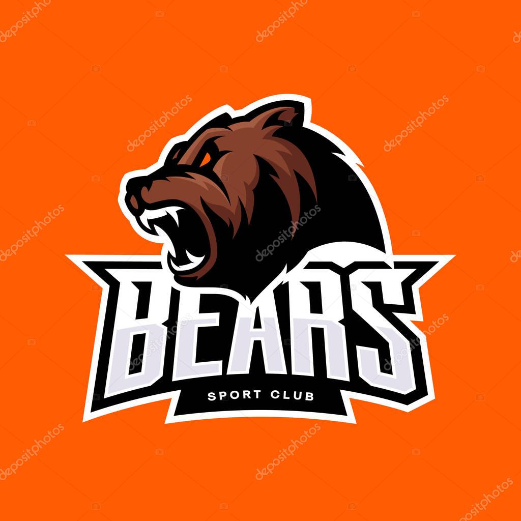 Furious bear sport vector logo concept isolated on orange background. Modern predator professional team badge design.Premium quality wild animal t-shirt tee print illustration.
